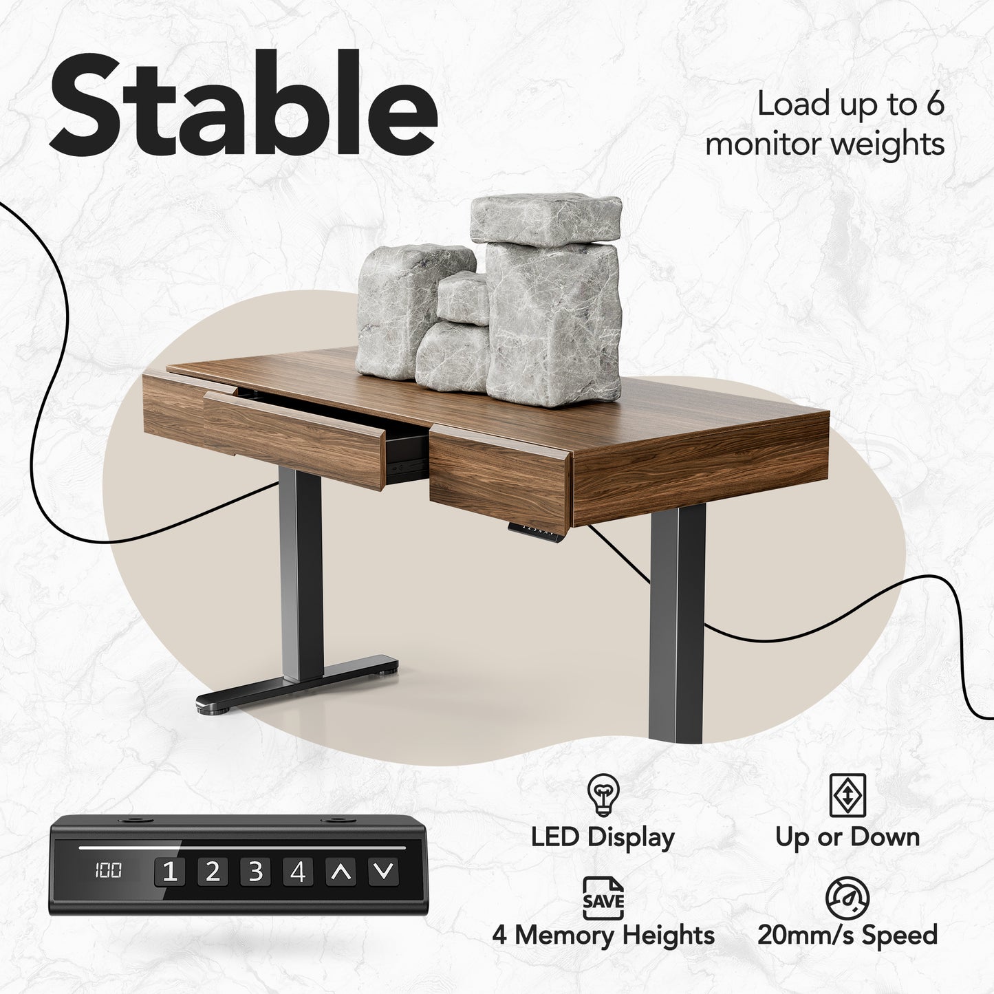 Whole-piece Desktop Standing Desk with 3 Drawers