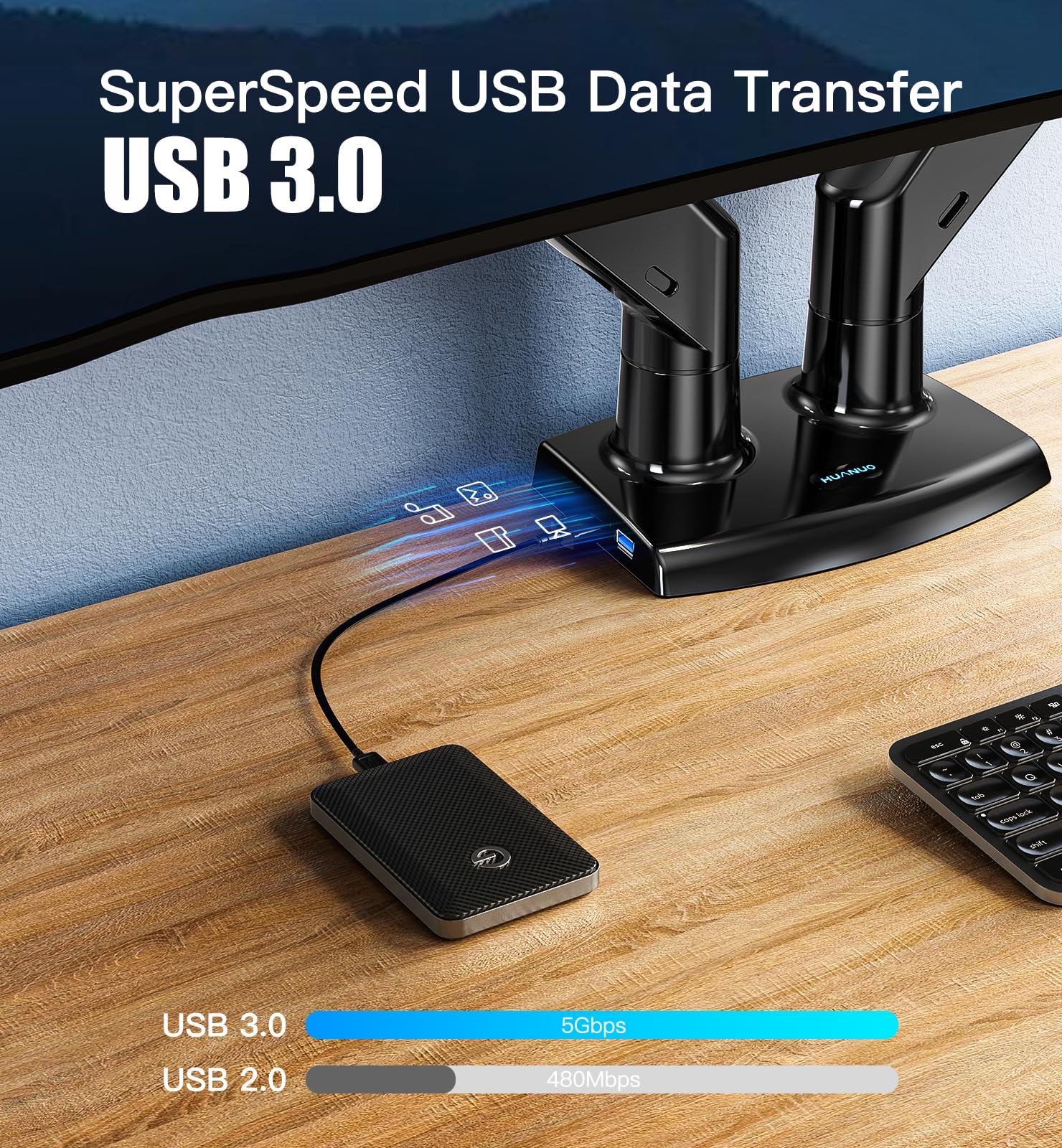 HUANUO dual monitor mount featuring USB 3.0 data transfer and sleek design