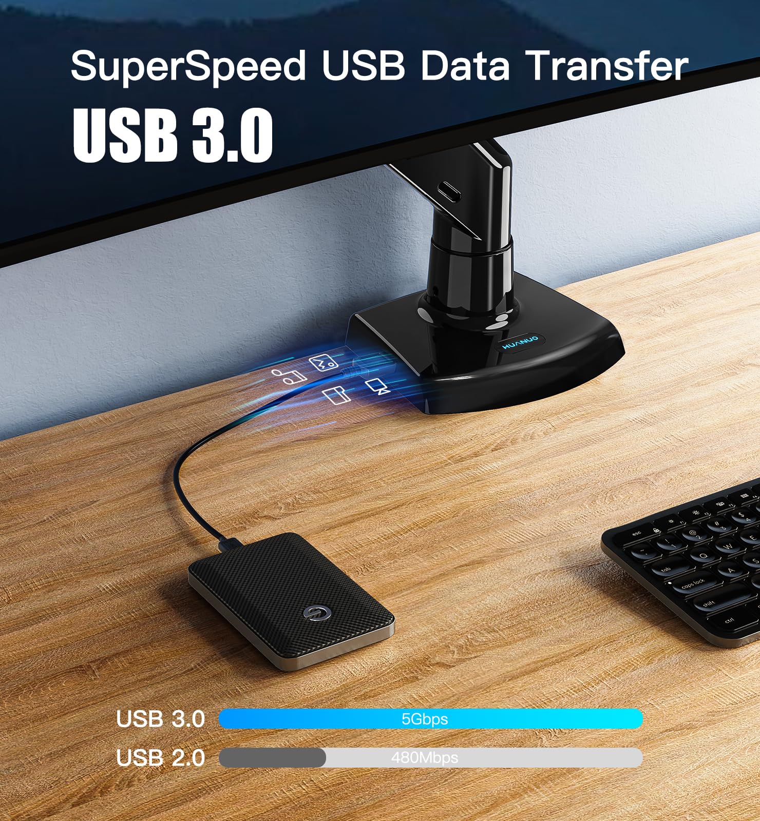 HUANUO monitor arm with USB 3.0 transfer, showing connected drive on modern desk