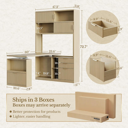 60'' L Shaped Standing Desk with Hutch, Fluted Executive Electric Desk with Drawers and File Cabinet & Power Outlets, Corner Computer Desk with Storage for Home Office, Light Walnut