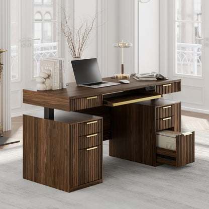 59 Inch Standing Desk with Storage Drawers, Executive Electric Height Adjustable Desk with Keyboard Tray, File Cabinet and AC/USB, Fluted Stand Up Desk with Privacy Panel, Light Walnut