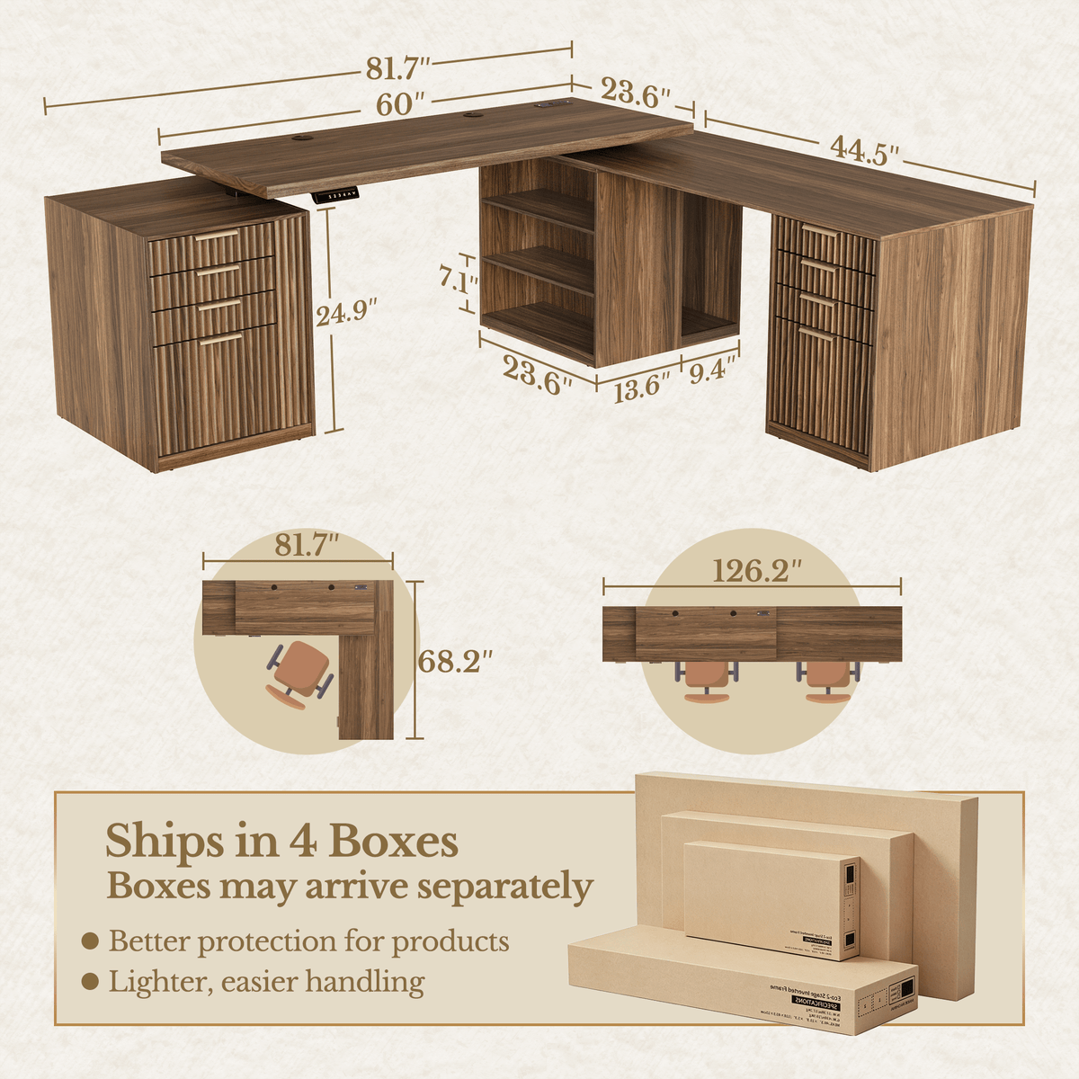 81.7"-126.2" Premium Cadre Standing Desk - Fluted Light Walnut