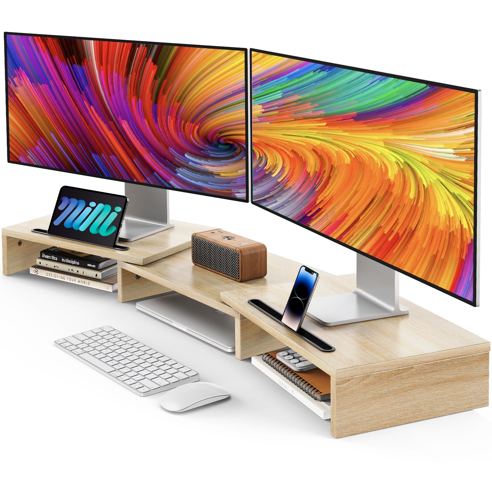 AMERIERGO Dual Monitor Stand Riser for 2 Monitors, Monitor Stand for Desk, Adjustable Computer Monitor Stand with 2 Slot, Multifunctional Desktop Organizer Stand for Laptop, PC, Computer, Printer