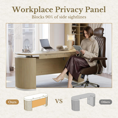 Electric Standing Desk with Storage Drawers, 63'' Executive Height Adjustable Desk with Privacy Panel and Shelves, Wood Fluted Computer Desk for Home Office, Light Walnut