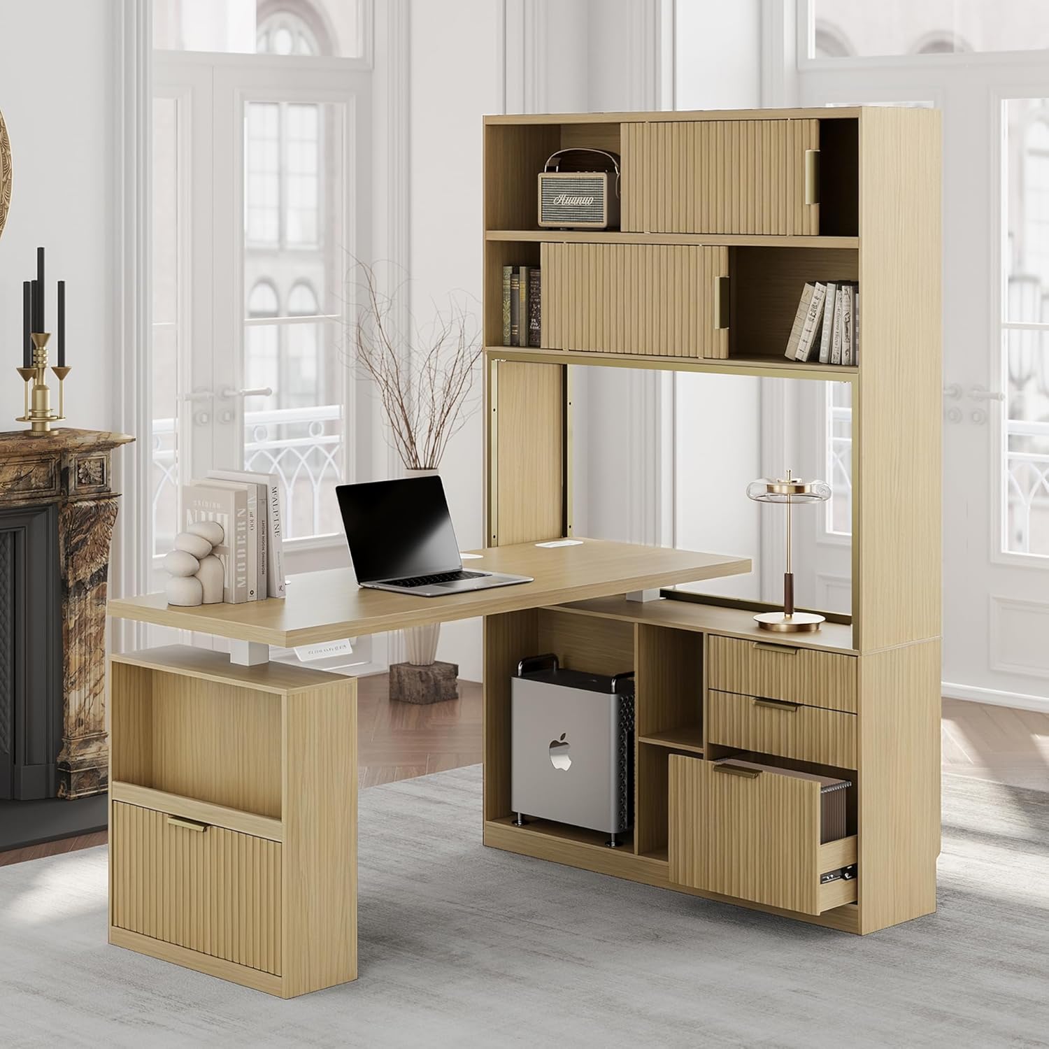 60'' L Shaped Standing Desk with Hutch, Fluted Executive Electric Desk with Drawers and File Cabinet & Power Outlets, Corner Computer Desk with Storage for Home Office, Light Walnut