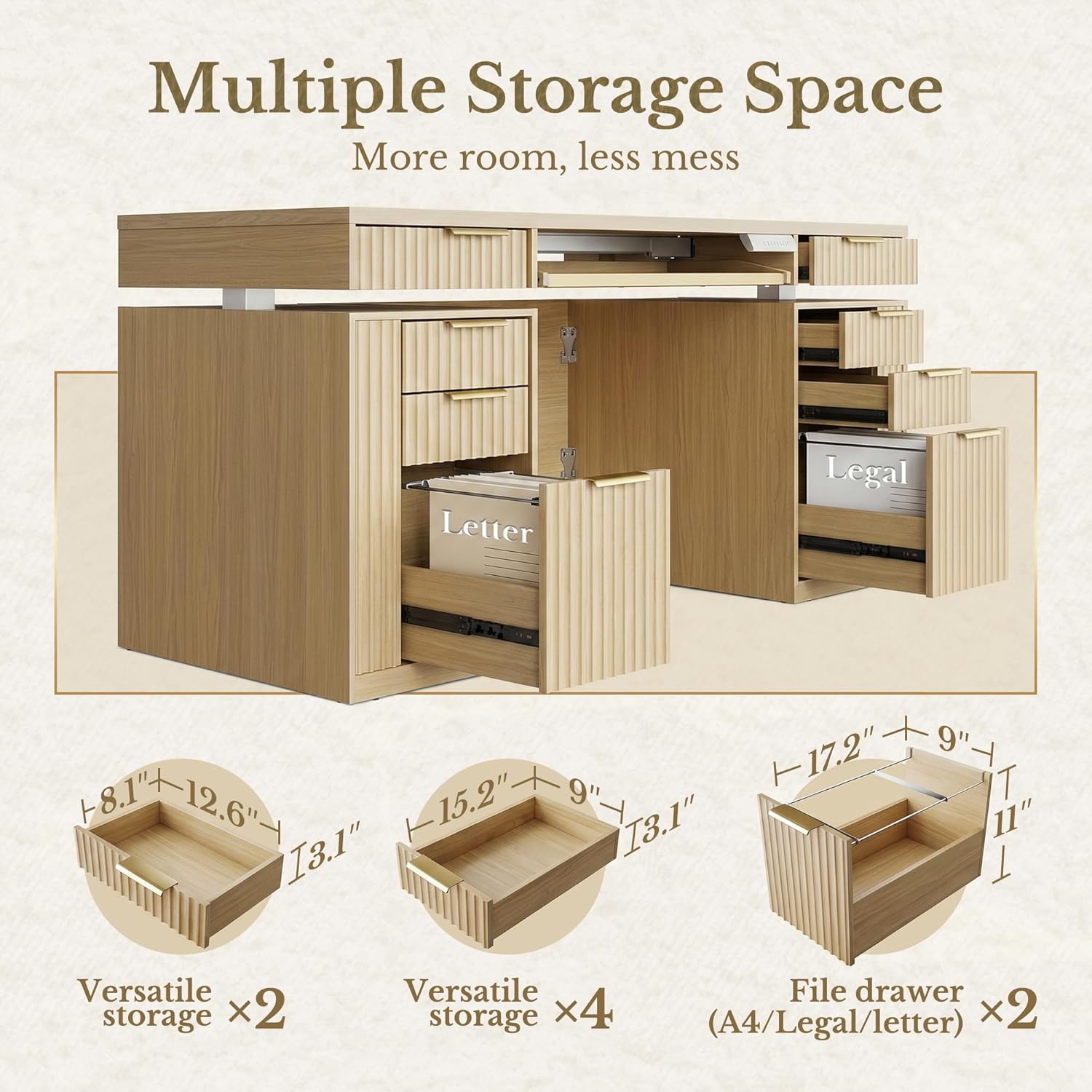 59 Inch Standing Desk with Storage Drawers, Executive Electric Height Adjustable Desk with Keyboard Tray, File Cabinet and AC/USB, Fluted Stand Up Desk with Privacy Panel, Light Walnut