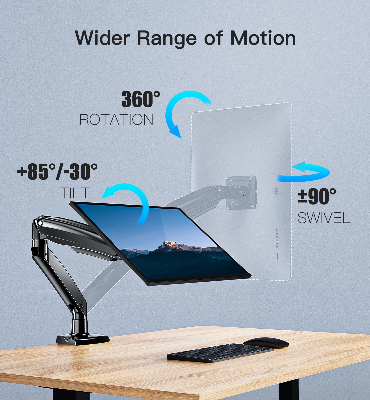 HUANUO monitor arm demonstrating full motion features on modern desk setup.