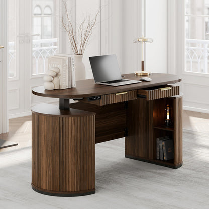Electric Standing Desk with Storage Drawers, 63'' Executive Height Adjustable Desk with Privacy Panel and Shelves, Wood Fluted Computer Desk for Home Office, Light Walnut