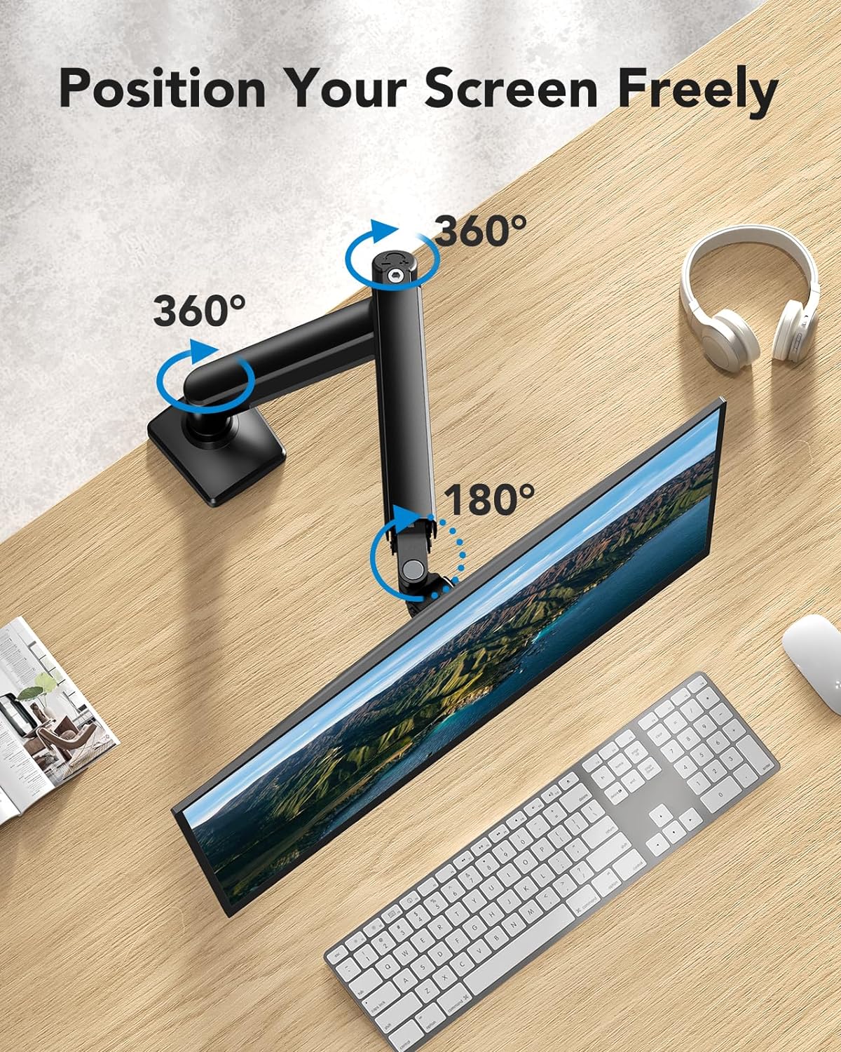 Single monitor mount arm demonstrating 360° rotation and ergonomic tilting features.