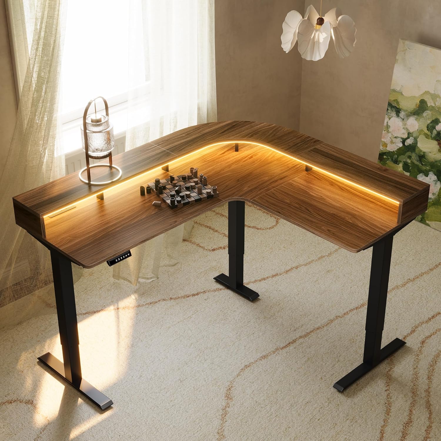 63'' Electric L Shaped Stadning Desk with LED Strip