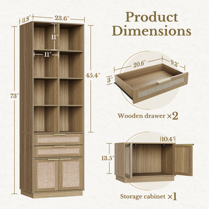 70" Desk + 73" Tall Fluted Bookshelf / Rattan - Light Walnut