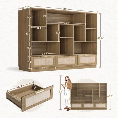 70" Desk with 4 Drawer Wood File Cabinet + 60" Wide Bookshelf / Rattan - Light Walnut
