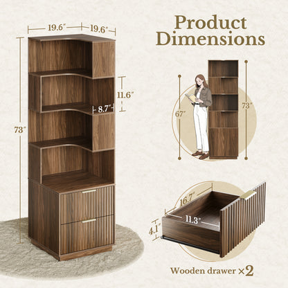 70" Desk + 6 Tier Corner Bookshelf / Fluted - Dark Walnut