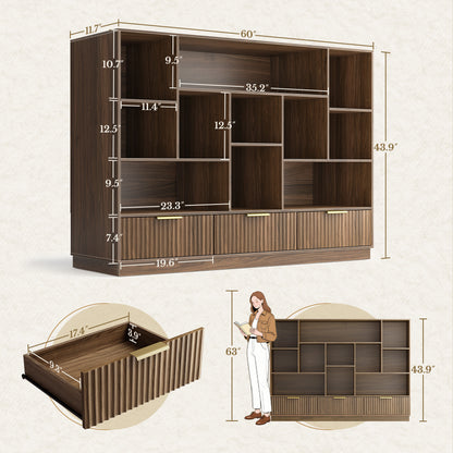 67" Desk + 60" Wide Bookshelf / Fluted - Dark Walnut