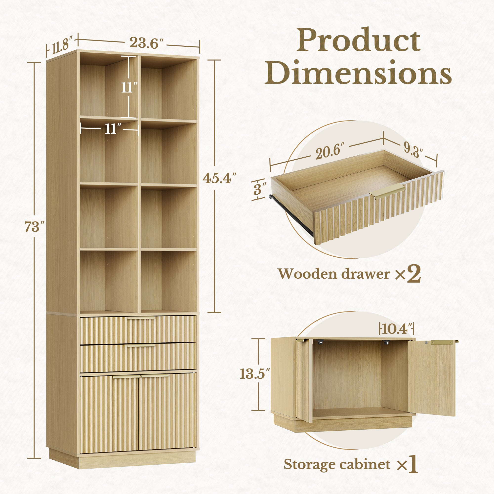63" desk+Dual 73" Bookshelf+60" Wide Bookshelf/ Fluted - Natural Oak