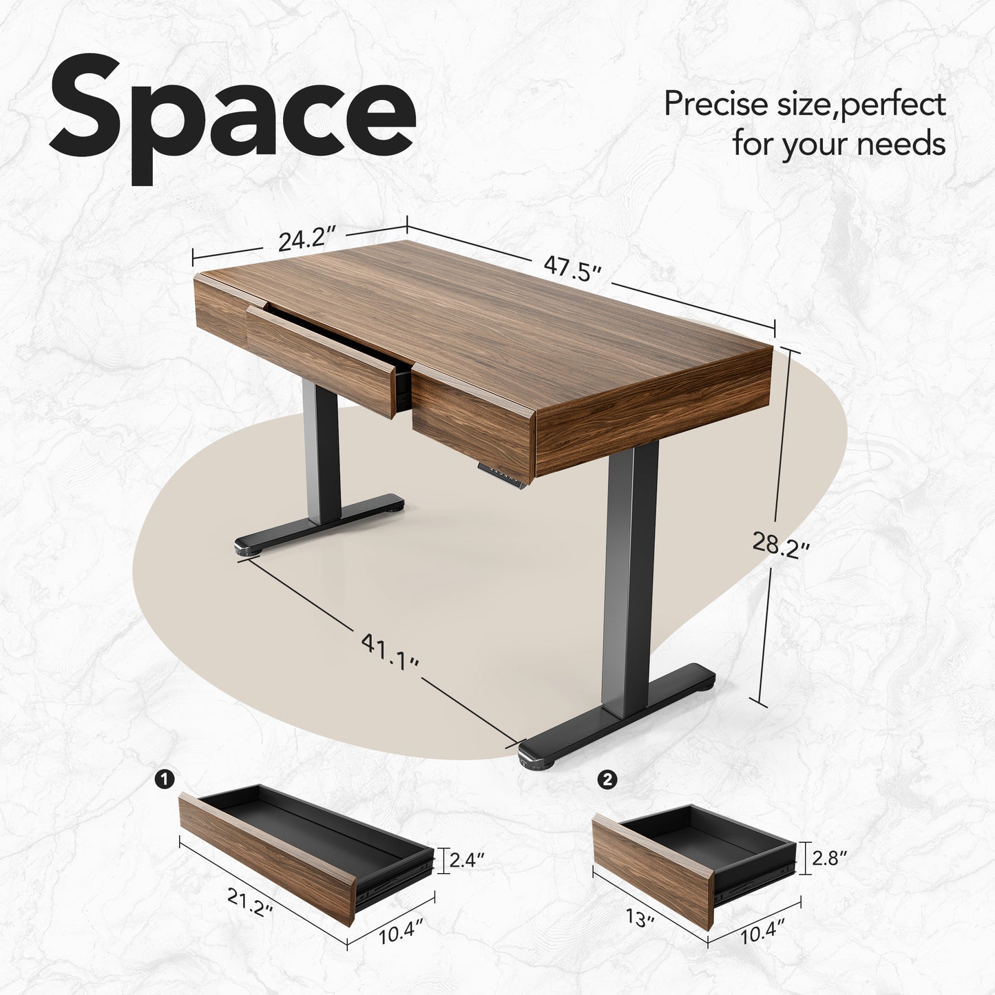 Whole-piece Desktop Standing Desk with 3 Drawers