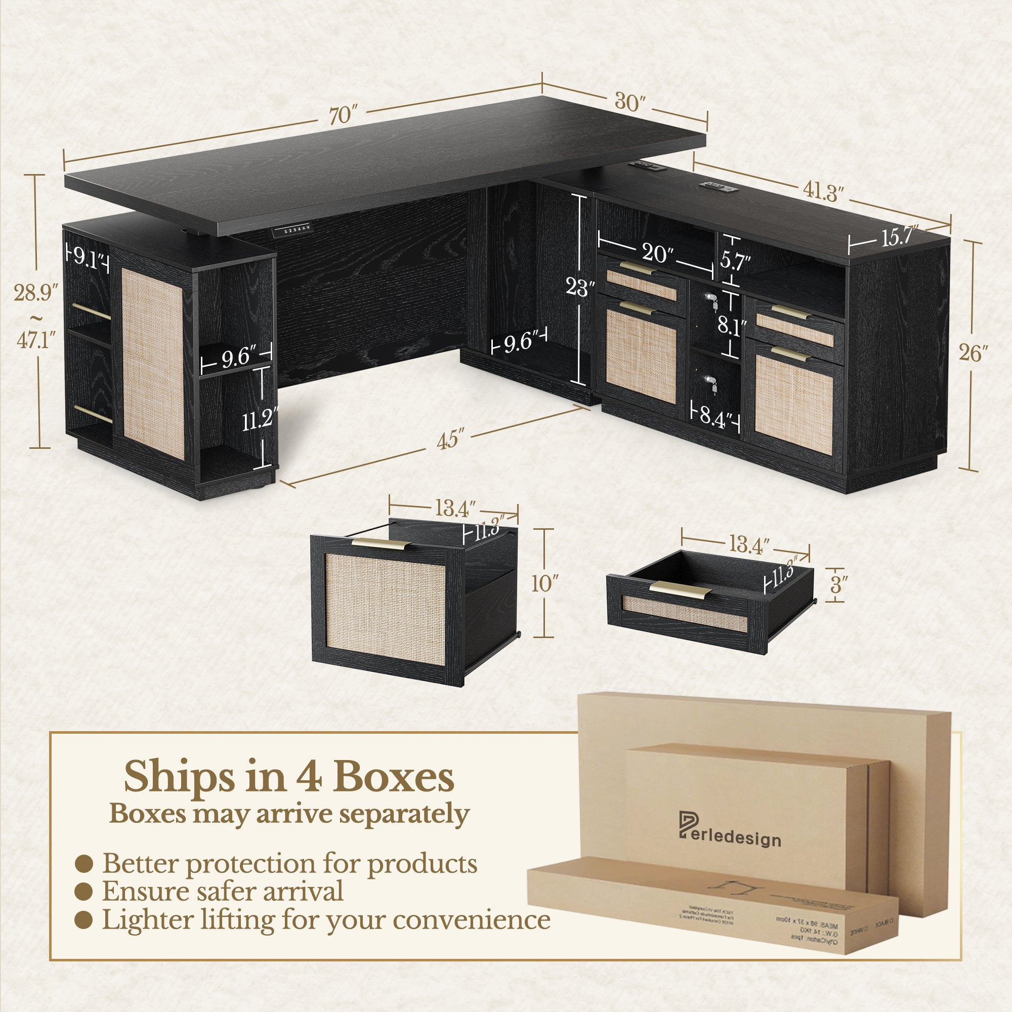 70" Desk + 6 Tier Corner Bookshelf / Rattan - Black