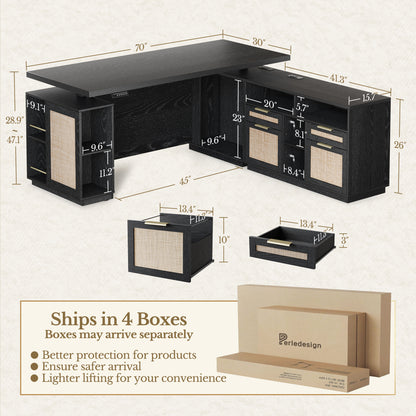 70" Desk + 6 Tier Corner Bookshelf / Rattan - Black