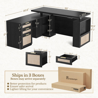 70" Desk with 4 Drawer Wood File Cabinet + 60" Wide Bookshelf / Rattan - Black