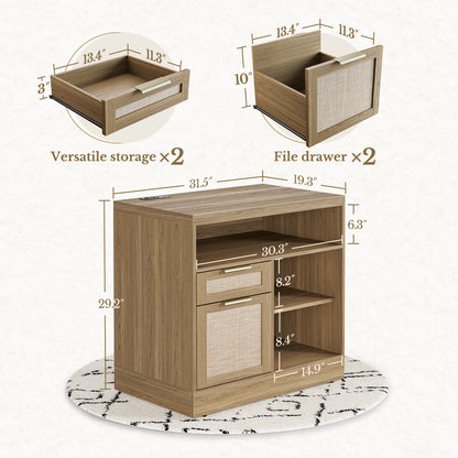 67" Desk+73" Bookshelf / Rattan - Light Walnut