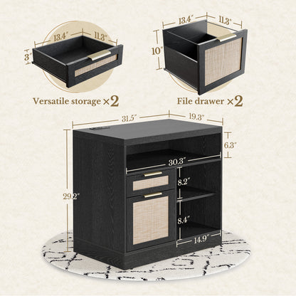 67" Desk+73" Bookshelf / Rattan - Black