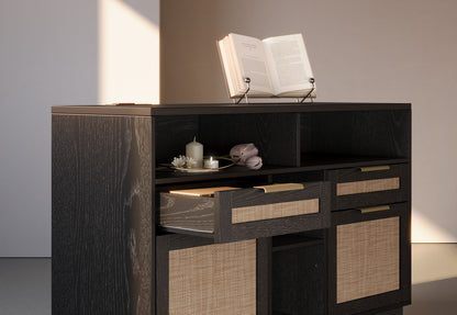 70" Desk + 6 Tier Corner Bookshelf / Rattan - Black