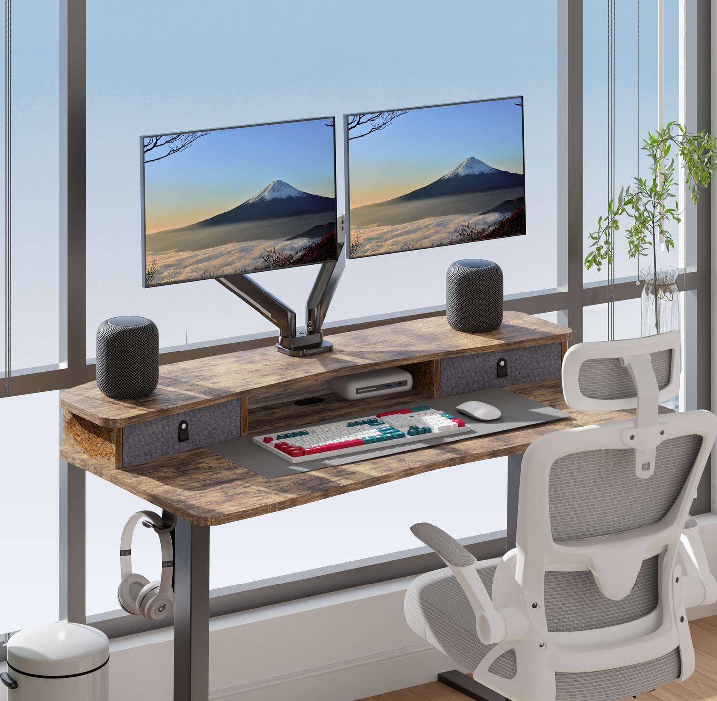 HUANUO electric standing desk with dual monitors and stylish storage drawers