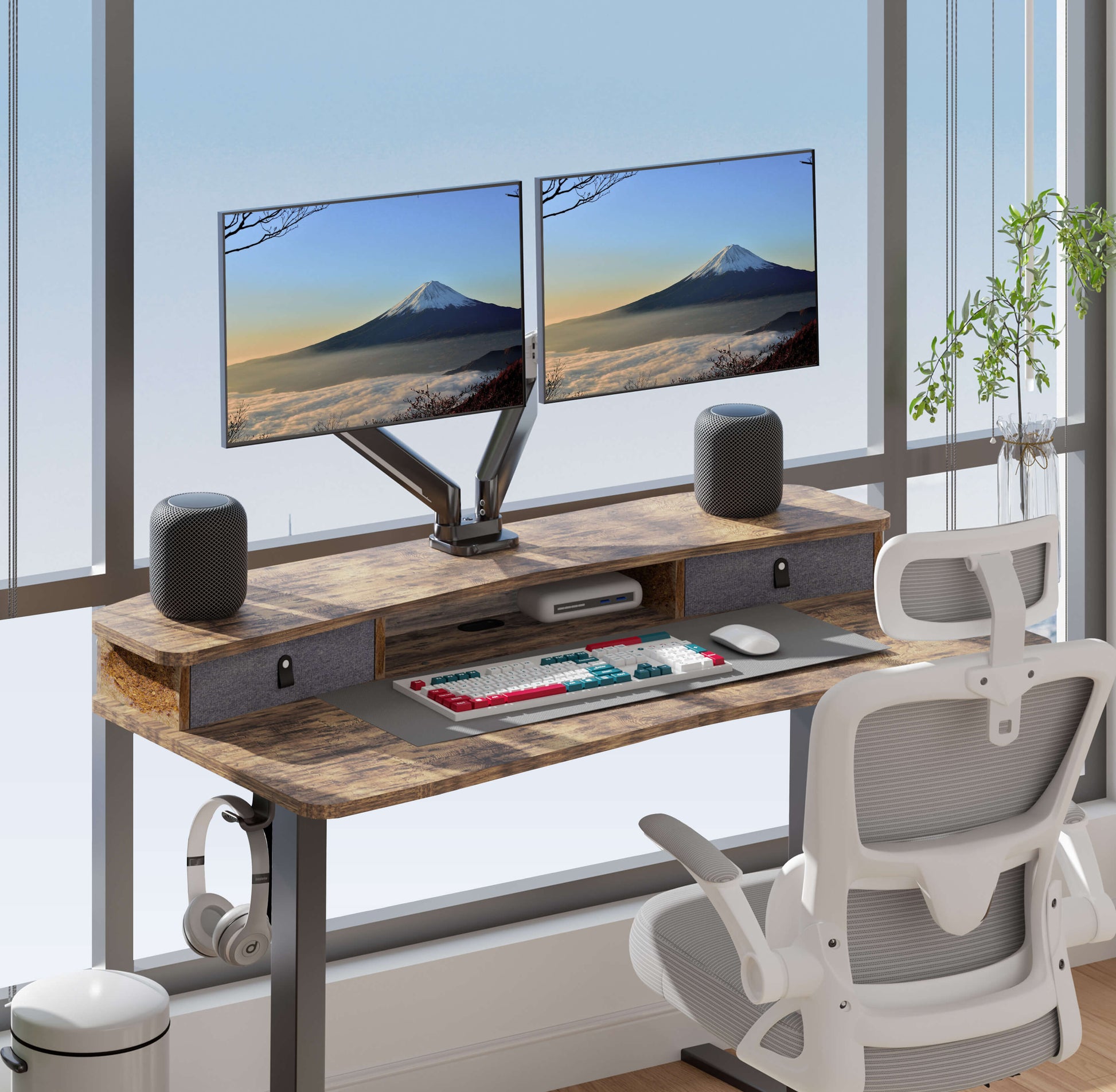HUANUO electric standing desk with dual monitors and stylish storage drawers