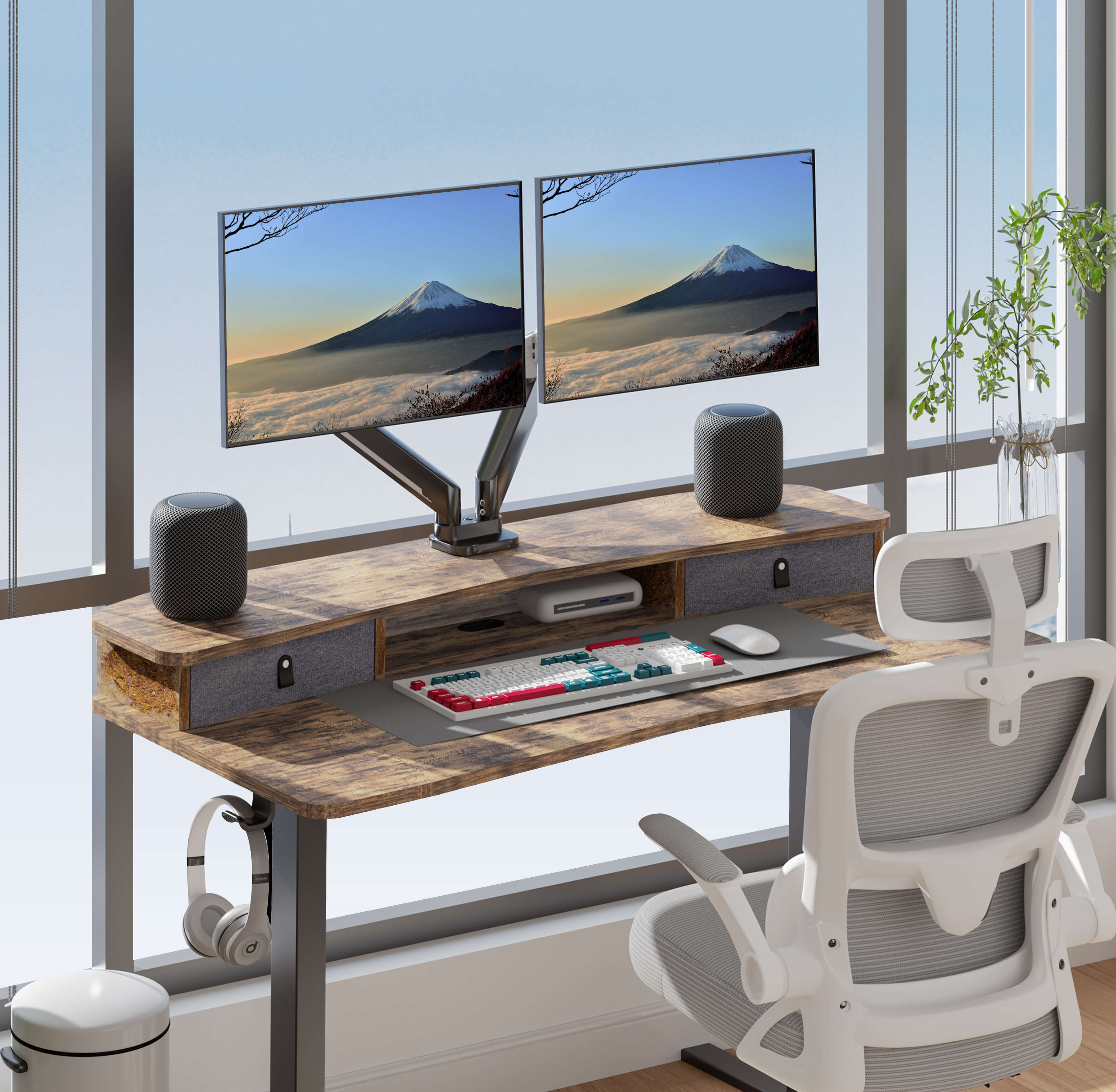 HUANUO electric standing desk with dual monitors and stylish storage drawers