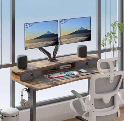 HUANUO electric standing desk with dual monitors and stylish storage drawers