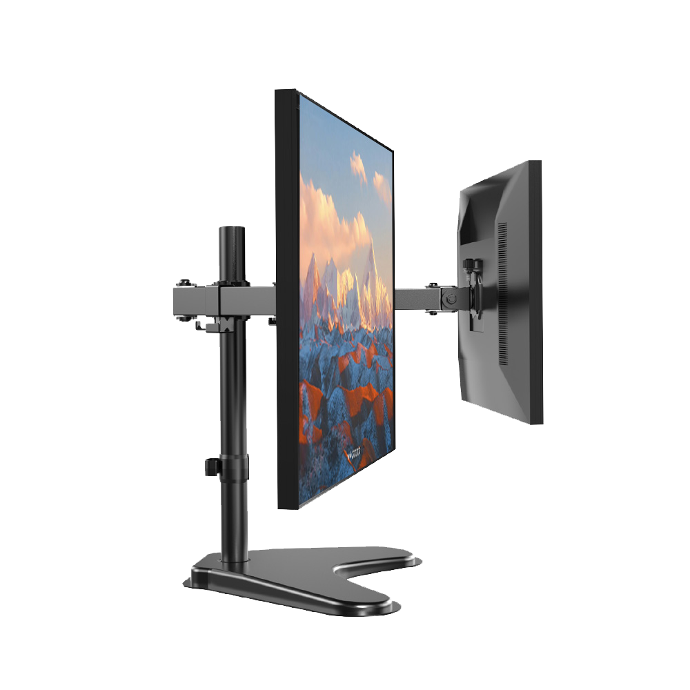 HUANUO dual monitor mount for 13-32 inch screens with adjustable arms.