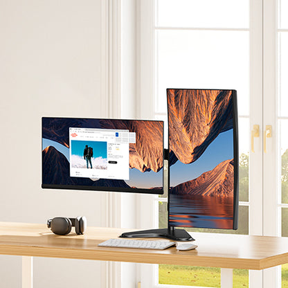 HUANUO dual monitor mount displaying one vertical and one horizontal monitor setup.