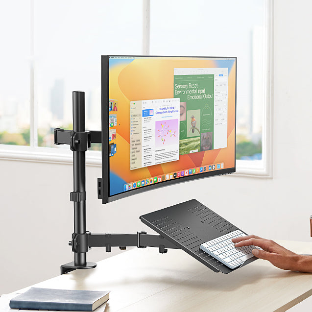 HUANUO HNCM2 laptop and monitor mount displaying a 32-inch screen and ventilated tray
