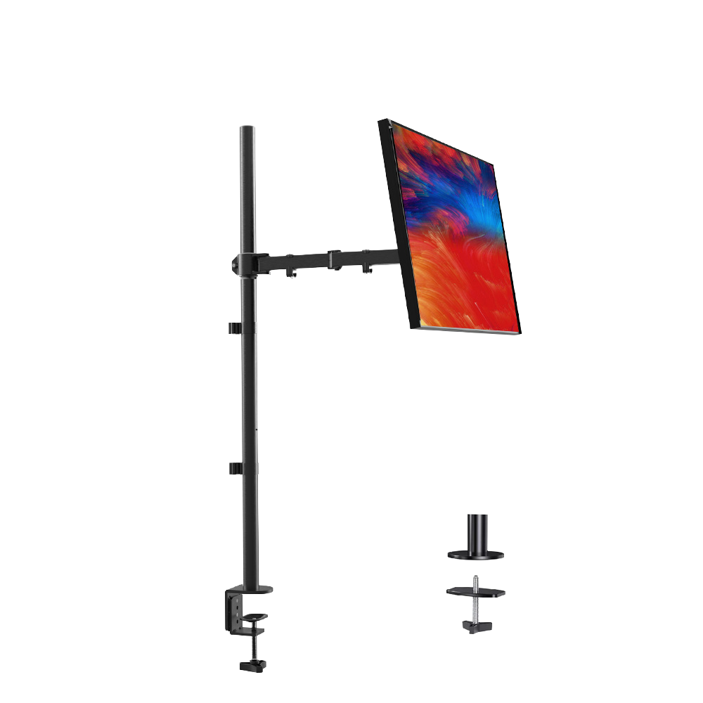 Adjustable single monitor mount with clamp for ergonomic workspace setup.
