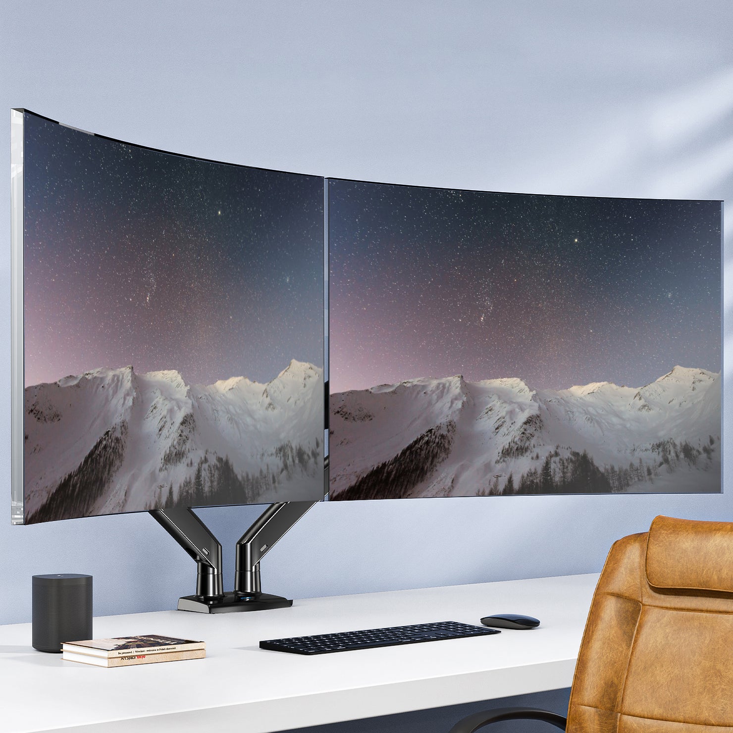 HUANUO dual monitor mount displaying ultrawide screens with ergonomic design