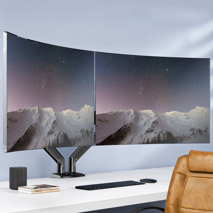 HUANUO dual monitor mount displaying ultrawide screens with ergonomic design