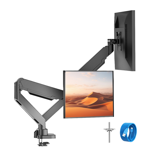 Dual monitor mount arm with 40 inch ultrawide screen displaying desert landscape