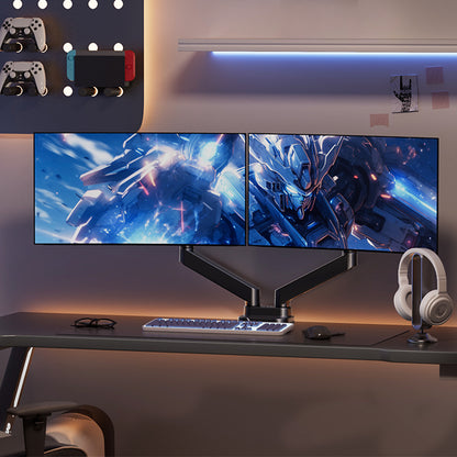 Dual monitor mount with two 40-inch screens showing robotic design and vibrant colors.