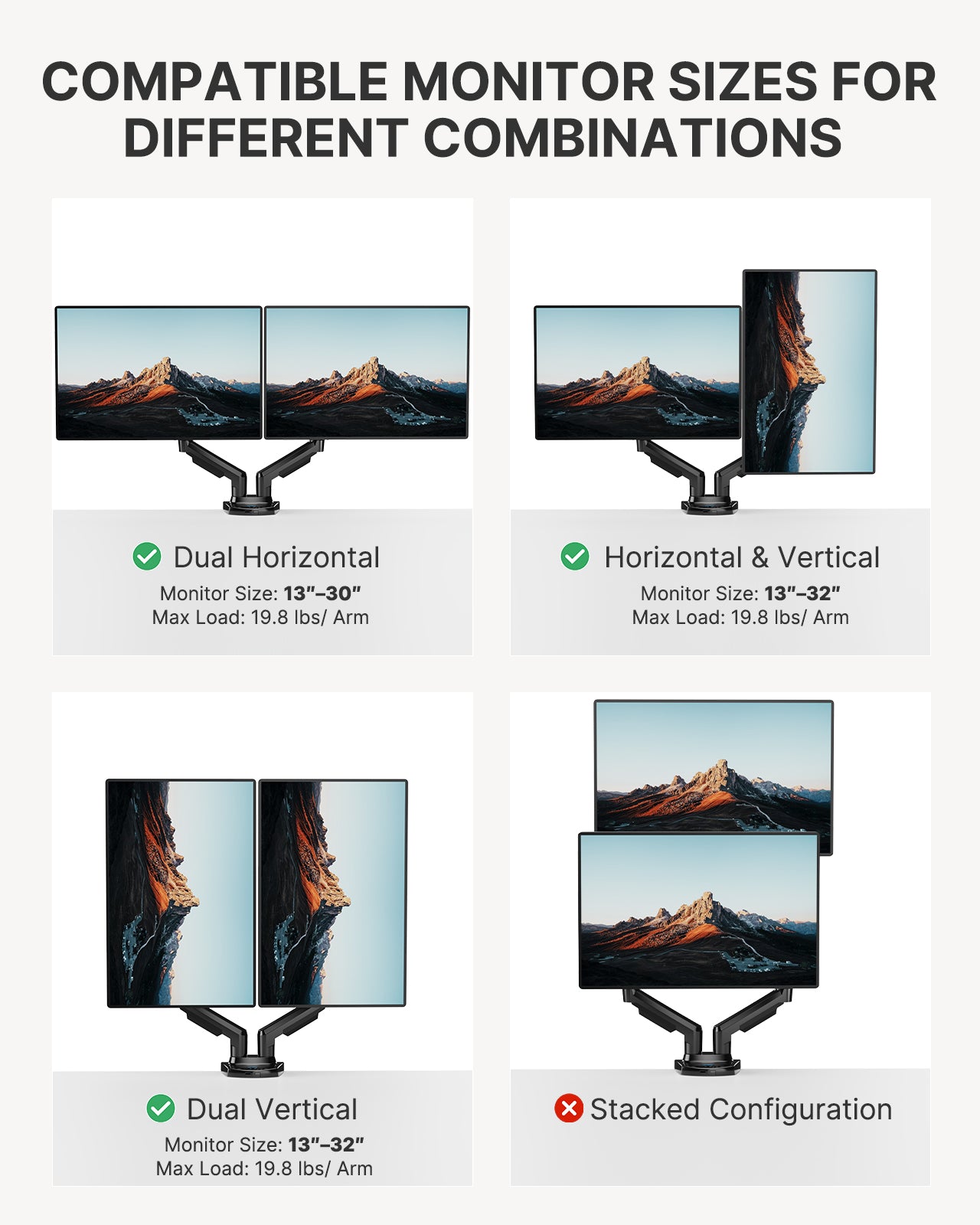 HUANUO HNDS6 Dual Monitor Mount for 13 to 30 Inch Screens - Bundle