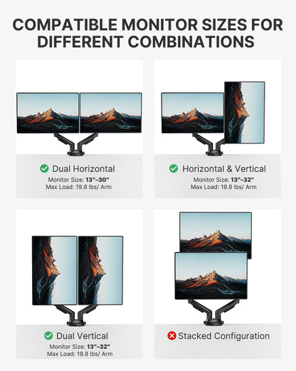 HUANUO HNDS6 Dual Monitor Mount for 13 to 30 Inch Screens - Bundle