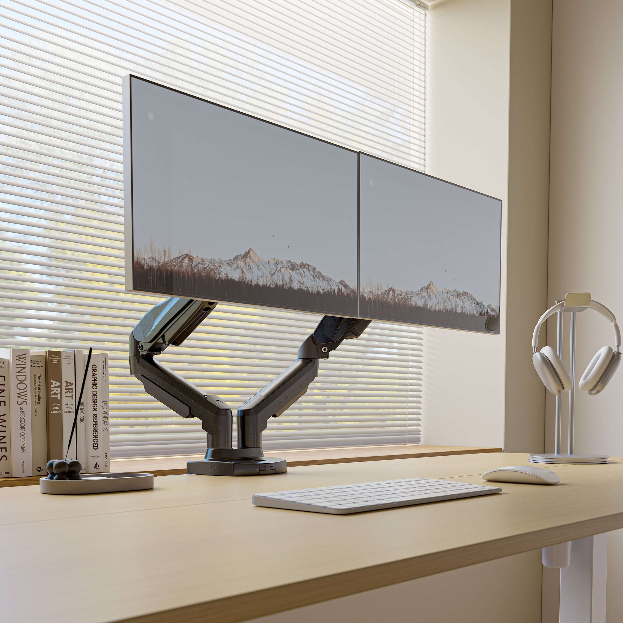 Dual monitor mount in an ergonomic workspace with clean design.