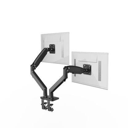 HUANUO dual monitor mount with adjustable arms supporting two ultrawide screens.