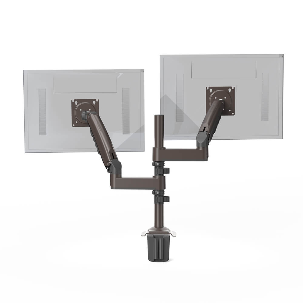 Ergonomic dual monitor mount for 13 to 32 inch screens with adjustable arms.
