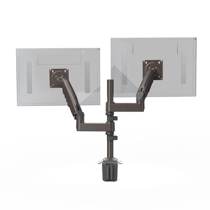 Ergonomic dual monitor mount for 13 to 32 inch screens with adjustable arms.