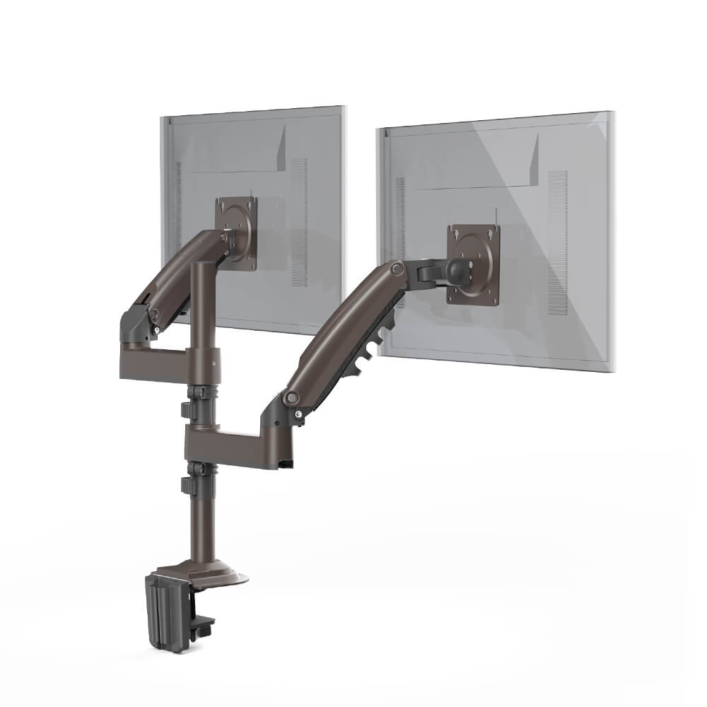 Ergonomic dual monitor mount with adjustable arms for 13 to 32 inch screens.