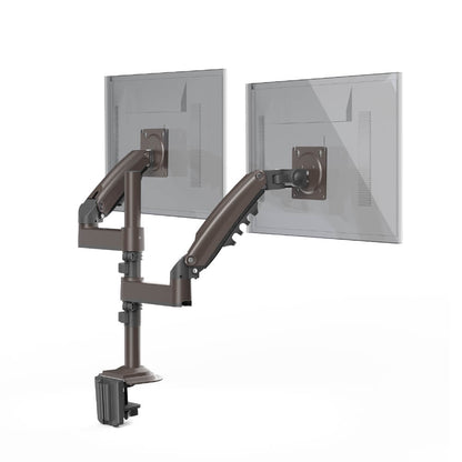 Ergonomic dual monitor mount with adjustable arms for 13 to 32 inch screens.