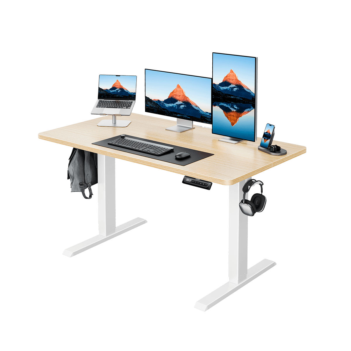 HUANUO electric standing desk with dual monitors, laptop, and office accessories setup.