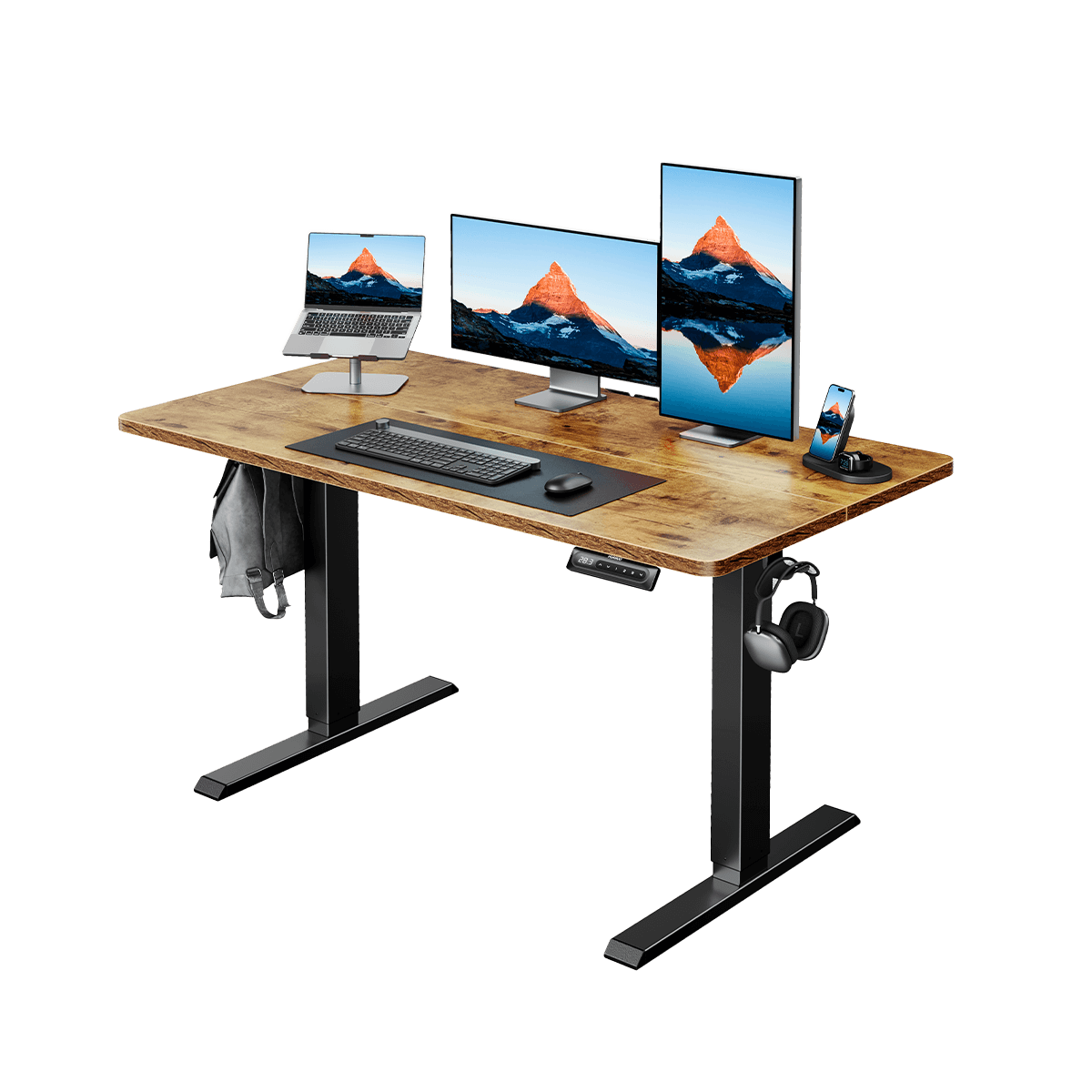 Wooden electric standing desk with laptops and monitors for ergonomic workspace.