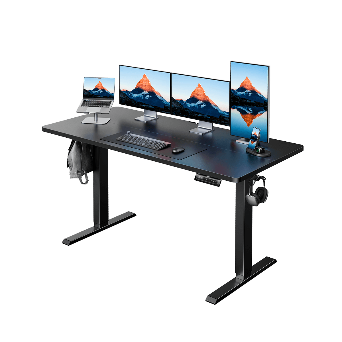 HUANUO electric standing desk with four monitors and laptop for an ergonomic workspace.