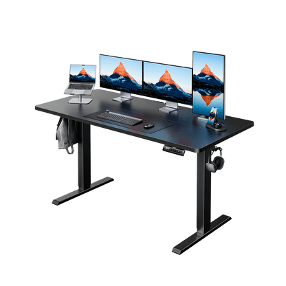 HUANUO electric standing desk with four monitors and laptop for an ergonomic workspace.